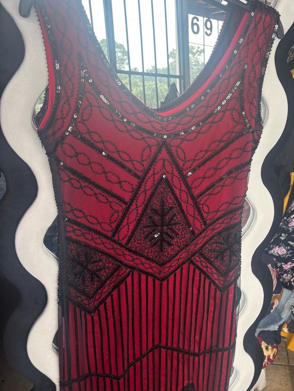 Red Beaded Sleeveless Dress with Black Embellishment